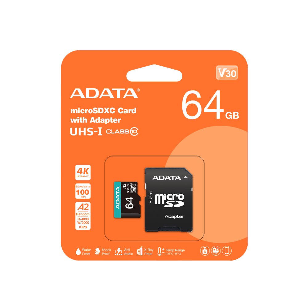 Memoria microSD Adata 64GB V30 A2 100MBs para video y apps