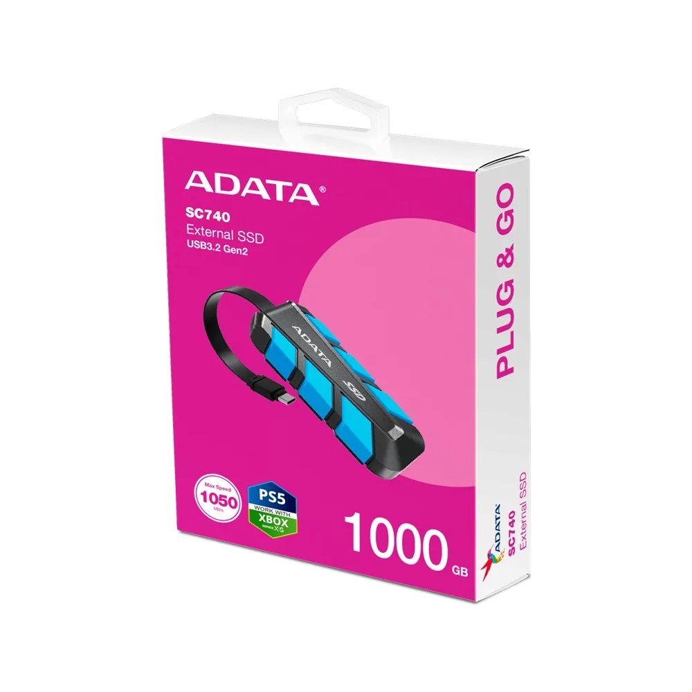 Unidad SSD Externa Adata SC740 1TB Tipo C Azul Antigolpes Ultra Rápida