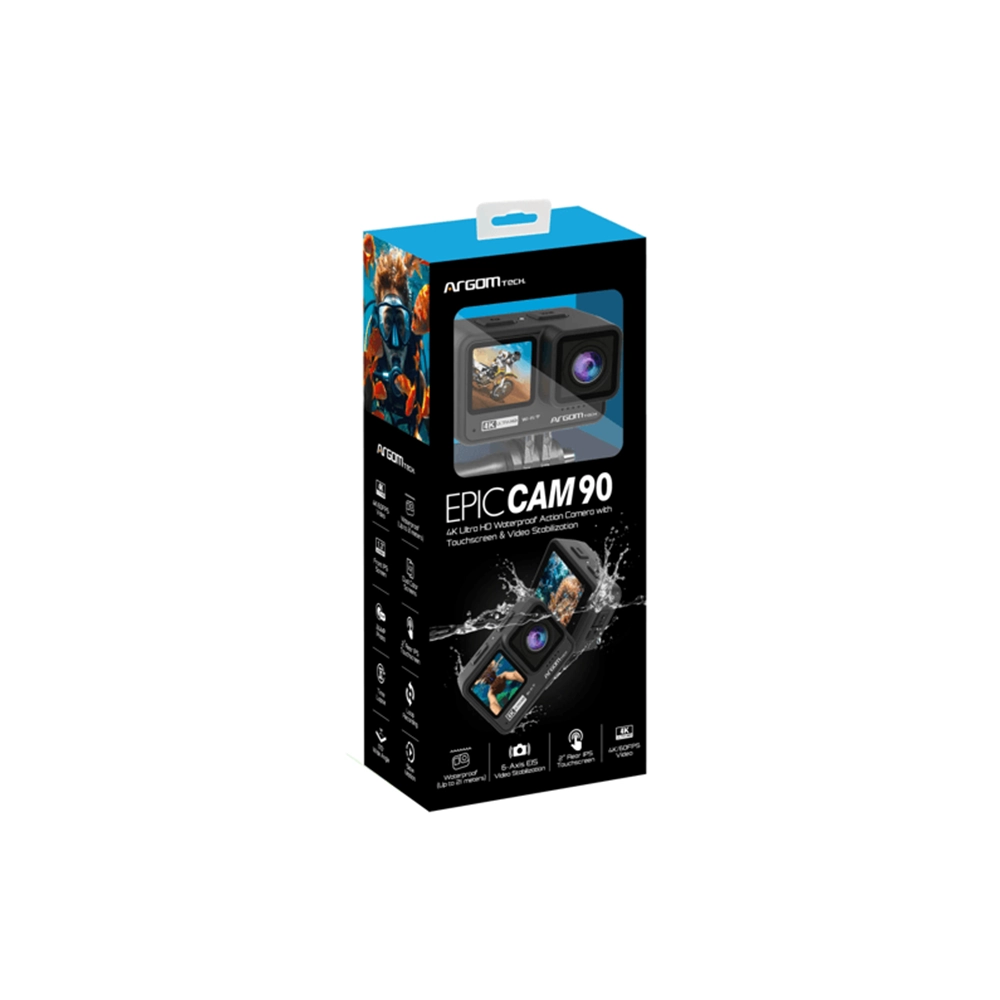 Cámara de acción Argom Epic 90 4K negra con pantallas duales