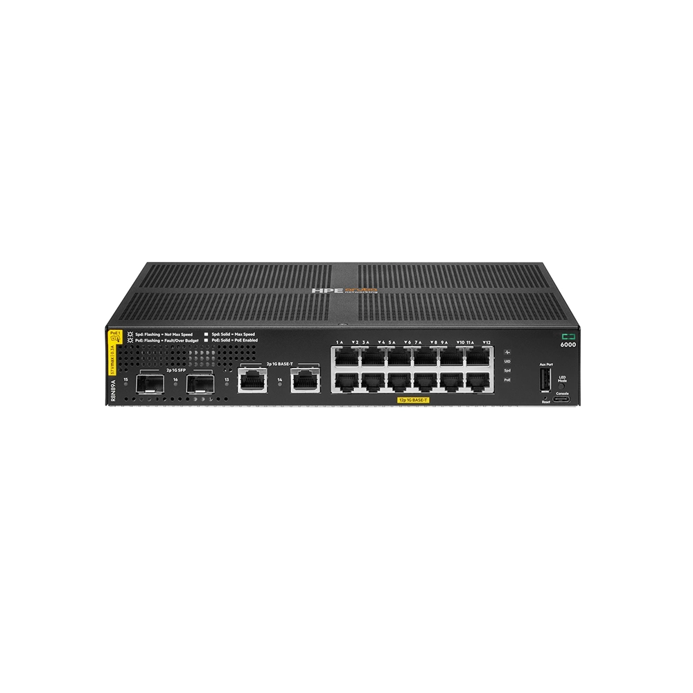 HPE CX 6000 12 Puertos Gestionable Conmutador Ethernet - Gigabit Ethernet - 10/100/1000Base-T, 1000Base-X - 3 Capa compatible - Modular - 2 Ranuras SFP - 21.90W Power Consumption - 139W Rendimiento PoE - Par trenzado, Fibra Óptica - PoE Ports - 1U