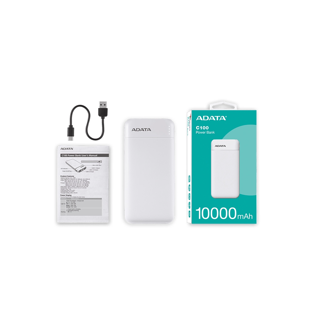 Power Bank Adata C100 10,000mAh Tipo C Blanca Carga Rápida 20W