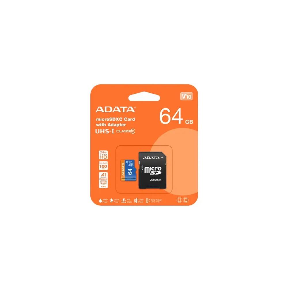 Tarjeta MicroSD Adata 64GB Clase 10 A1 100MB/s Rápida y Segura